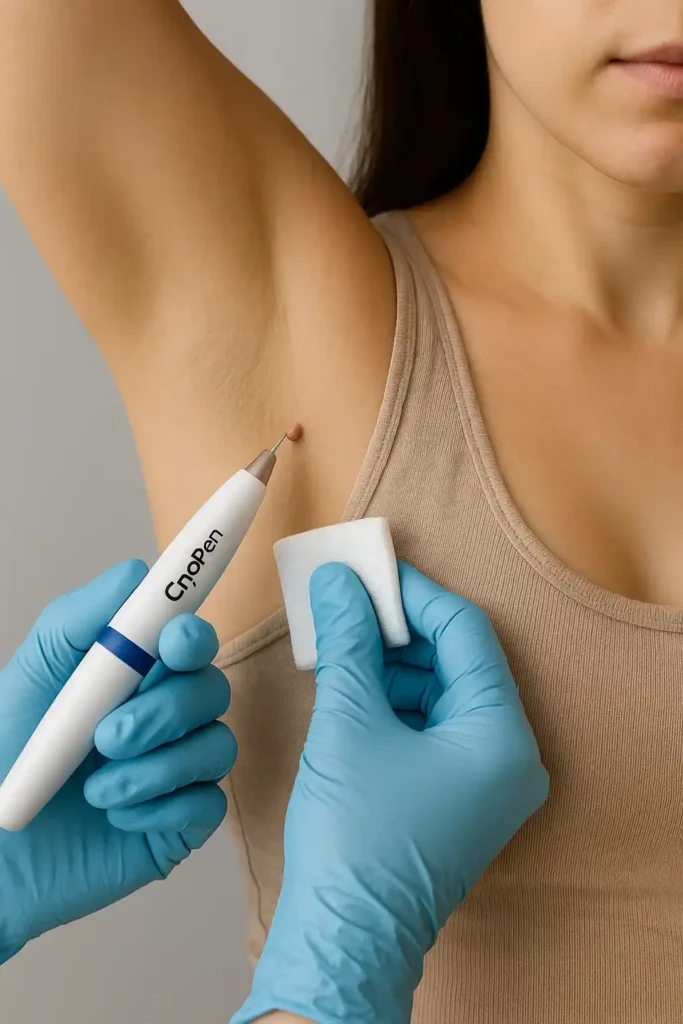 woman having cryopen to remove underarm skin tags Bury