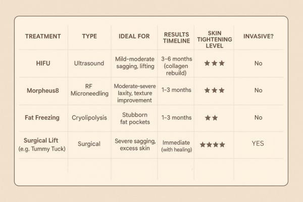 Table showing the comparisons of Skin tightening Bury treatment options.